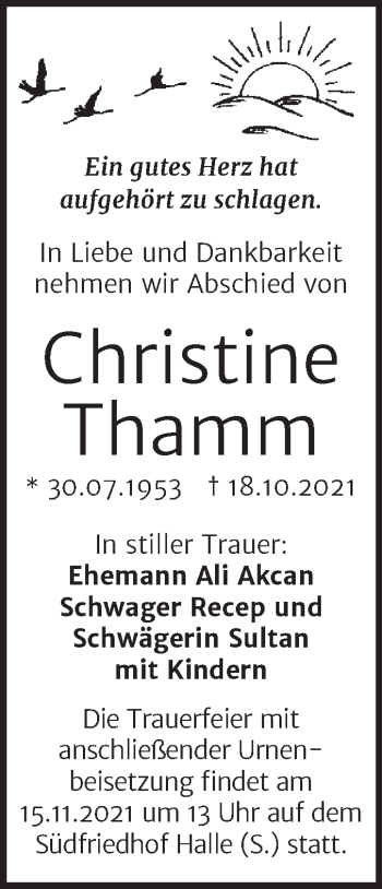 Traueranzeige von Christine Thamm von Mitteldeutsche Zeitung Halle/Saalkreis