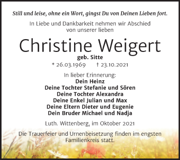 Traueranzeige von Christine Weigert von Trauerkombi Wittenberg