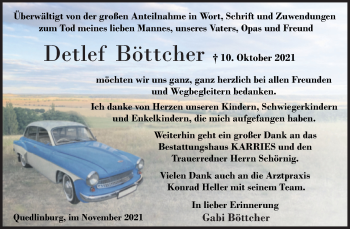 Traueranzeige von Detlef Böttcher von Trauerkombi Quedlinburg