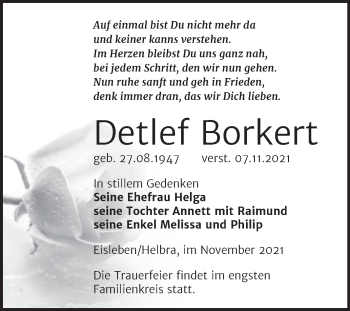 Traueranzeige von Detlef Borkert von Trauerkombi Mansfelder Land