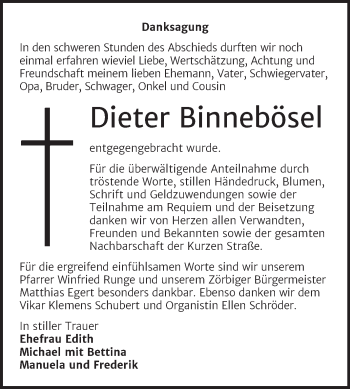 Traueranzeige von Dieter Binnebösel von Trauerkombi Bitterfeld