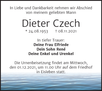 Traueranzeige von Dieter Czech von Trauerkombi Mansfelder Land