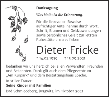 Traueranzeige von Dieter Fricke von Trauerkombi Wittenberg