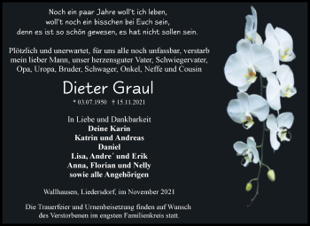 Traueranzeige von Dieter Graul von Trauerkombi Sangerhausen