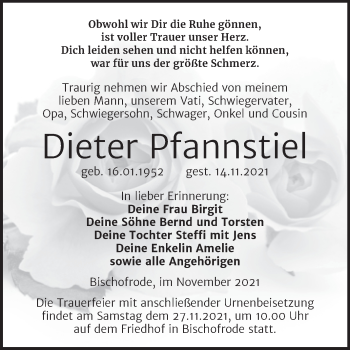 Traueranzeige von Dieter Pfannstiel von Trauerkombi Mansfelder Land