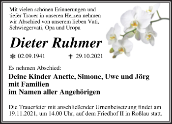 Traueranzeige von Dieter Ruhmer von Trauerkombi Dessau