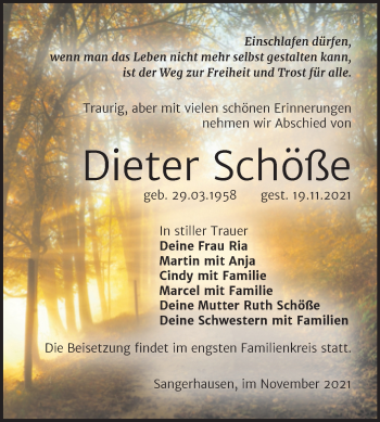 Traueranzeige von Dieter Schöße von Trauerkombi Sangerhausen