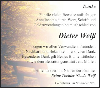 Traueranzeige von Dieter Weiß von Trauerkombi Aschersleben