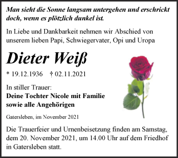 Traueranzeige von Dieter Weiß von Trauerkombi Aschersleben
