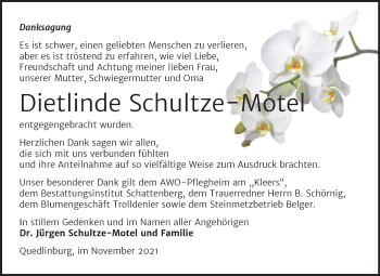 Traueranzeige von Dietlinde Schultze-Motel von Trauerkombi Quedlinburg