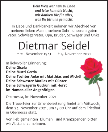 Traueranzeige von Dietmar Seidel von Trauerkombi Weißenfels