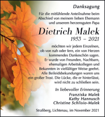 Traueranzeige von Dietrich Malek von Trauerkombi Quedlinburg