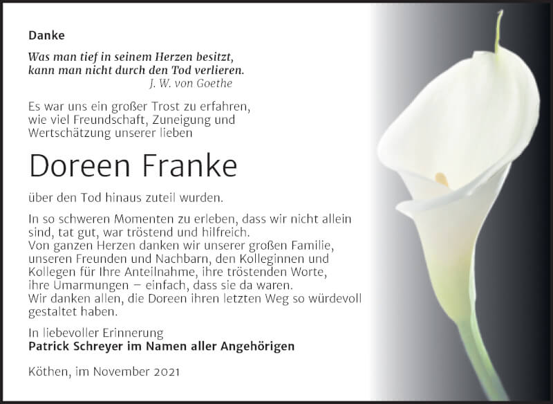  Traueranzeige für Doreen Franke vom 27.11.2021 aus Trauerkombi Köthen