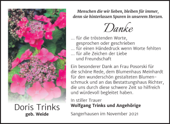 Traueranzeige von Doris Trinks von Trauerkombi Sangerhausen