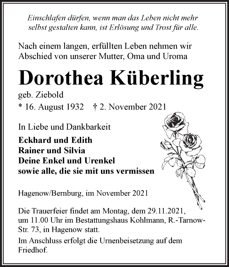  Traueranzeige für Dorothea Küberling vom 13.11.2021 aus Trauerkombi Bernburg