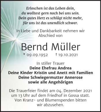 Traueranzeige von Bernd Müller von TRAUERKOMBI BITTERFELD