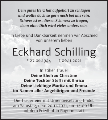 Traueranzeige von Eckhard Schilling von Trauerkombi Bitterfeld