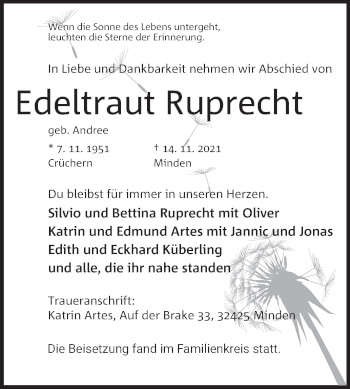 Traueranzeige von Edeltraut Ruprecht von Trauerkombi Bernburg