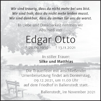 Traueranzeige von Edgar Otto von Trauerkombi Quedlinburg