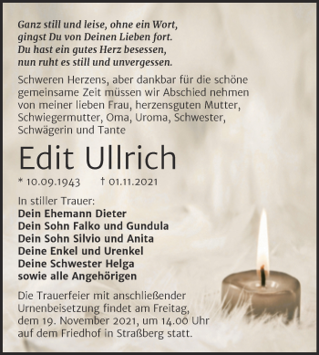 Traueranzeige von Edit Ullrich von Trauerkombi Quedlinburg
