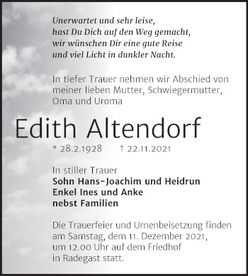 Traueranzeige von Edith Altendorf von Mitteldeutsche Zeitung Köthen
