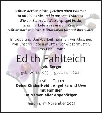 Traueranzeige von Edith Fahlteich von Trauerkombi Bitterfeld
