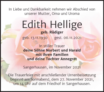 Traueranzeige von Edith Hellige von Trauerkombi Sangerhausen