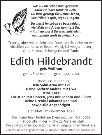 Traueranzeige von Edith Hildebrandt von Trauerkombi Köthen