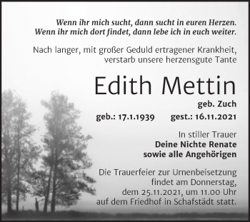 Traueranzeige von Edith Mettin von Trauerkombi Merseburg
