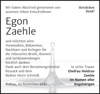 Traueranzeige von Egon Zaehle von Trauerkombi Dessau