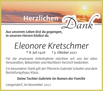Traueranzeige von Eleonore Kretschmer von Trauerkombi Weißenfels
