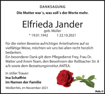 Traueranzeige von Elfrieda Jander von Trauerkombi Weißenfels
