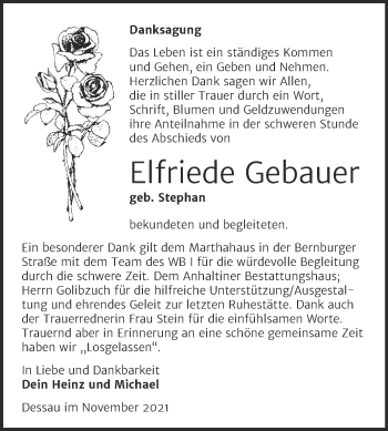 Traueranzeige von Elfriede Gebauer von Trauerkombi Dessau