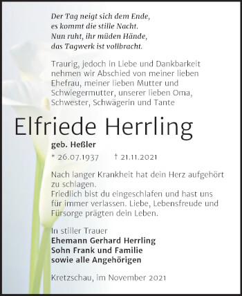 Traueranzeige von Elfriede Herrling von Trauerkombi Zeitz