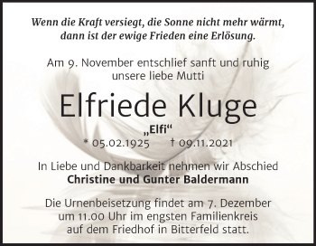 Traueranzeige von Elfriede Kluge von Trauerkombi Bitterfeld