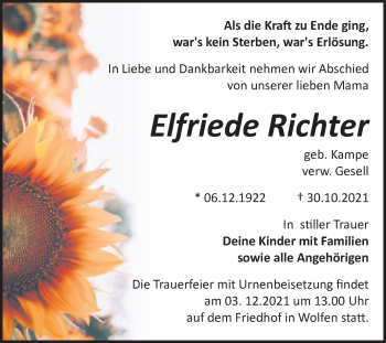 Traueranzeige von Elfriede Richter von Trauerkombi Bitterfeld
