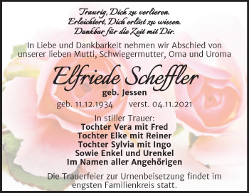 Traueranzeige von Elfriede Schefflffl von Trauerkombi Merseburg