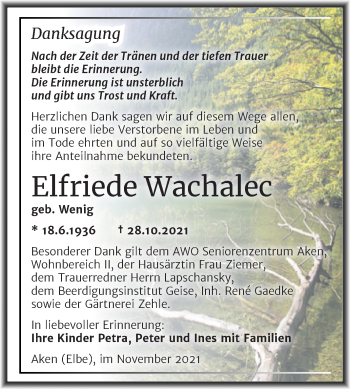 Traueranzeige von Elfriede Wachalec von Trauerkombi Köthen