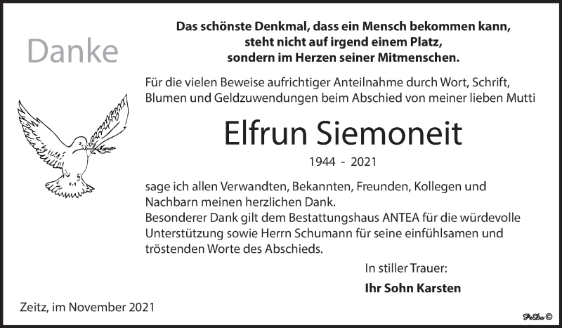  Traueranzeige für Elfrun Siemoneit vom 13.11.2021 aus Trauerkombi Zeitz