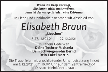 Traueranzeige von Elisabeth Braun von Trauerkombi Dessau