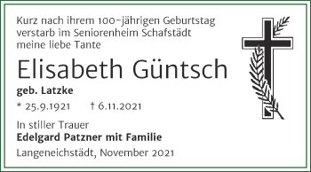 Traueranzeige von Elisabeth Güntsch von Trauerkombi Merseburg
