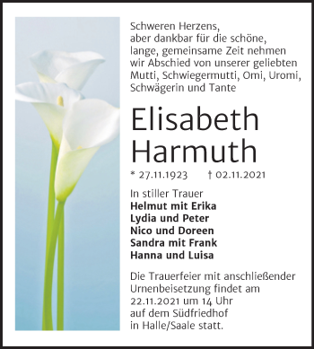 Traueranzeige von Elisabeth Harmuth von Mitteldeutsche Zeitung Halle/Saalkreis