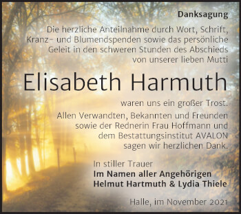 Traueranzeige von Elisabeth Harmuth von Mitteldeutsche Zeitung Halle/Saalkreis