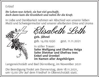 Traueranzeige von Elisabeth Loth von Trauerkombi Merseburg