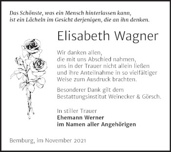 Traueranzeige von Elisabeth Wagner von Trauerkombi Bernburg