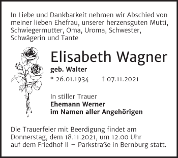 Traueranzeige von Elisabeth Wagner von Trauerkombi Bernburg