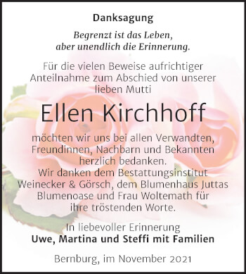 Traueranzeige von Ellen Kirchhoff von Trauerkombi Bernburg