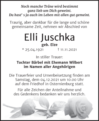 Traueranzeige von Elli Juschka von Trauerkombi Köthen