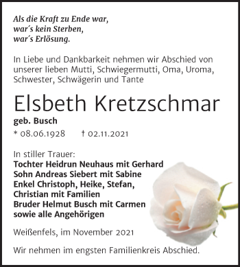 Traueranzeige von Elsbeth Kretzschmar von Trauerkombi Weißenfels