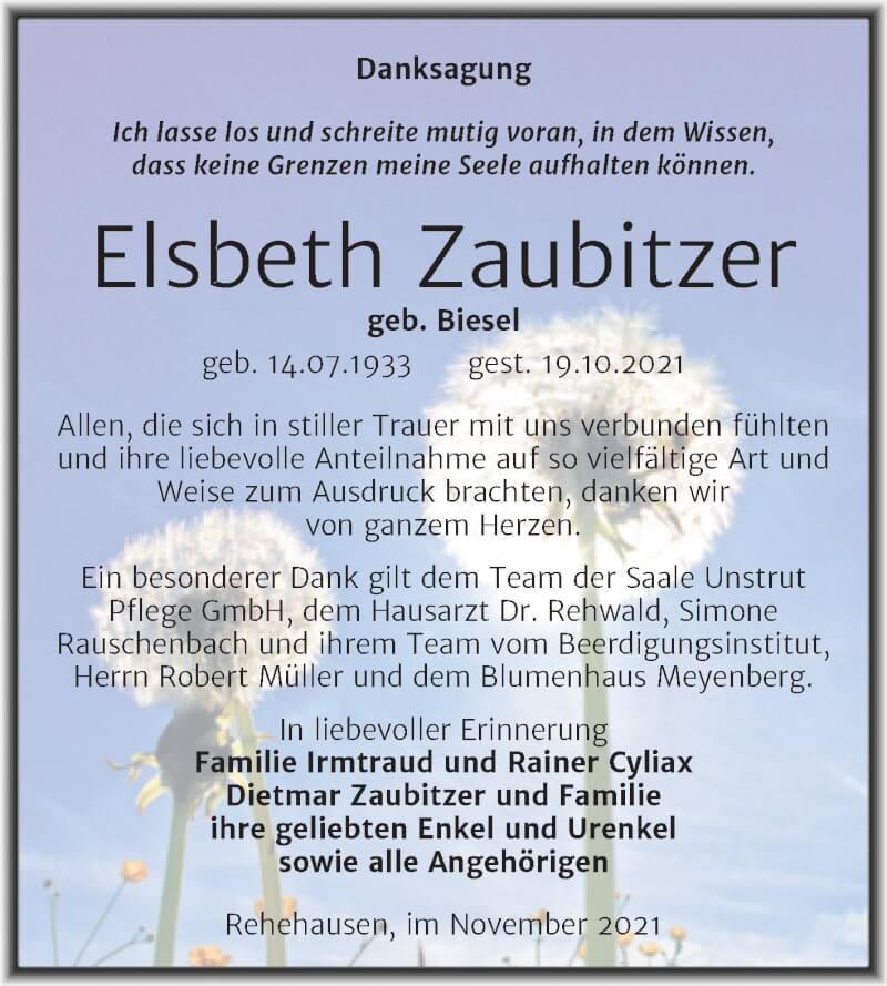  Traueranzeige für Elsbeth Zaubitzer vom 27.11.2021 aus Naumburger Tageblatt